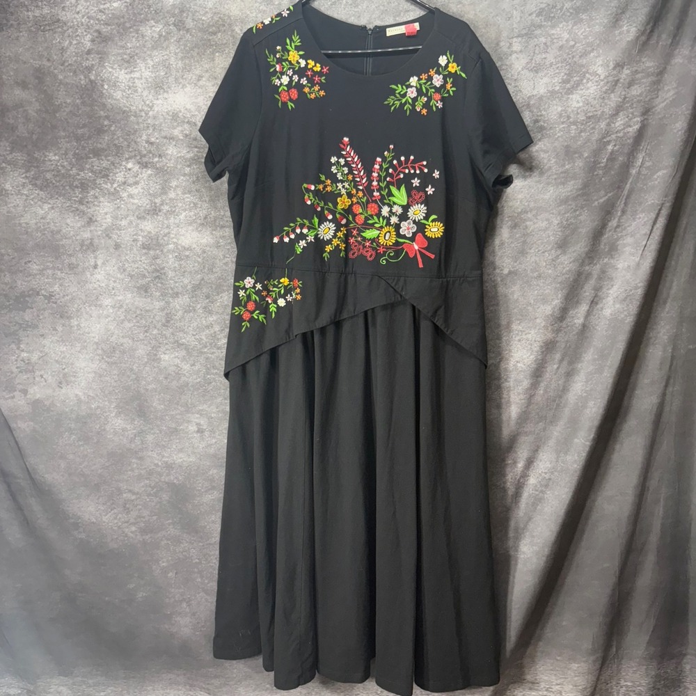 Wayward Fancies eShakti Floral Vine Embroidered Midi Dress Size 3X Cotton Jersey